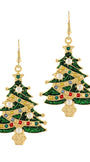 A pair of gold-tone dangle earrings shaped like Christmas trees, decorated with green glitter, gold trim, white faux pearls, and small multicolored rhinestones, shown on a plain white background.