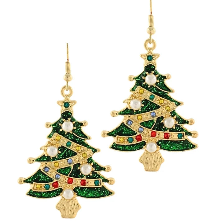 A pair of gold-tone dangle earrings shaped like Christmas trees, decorated with green glitter, gold trim, white faux pearls, and small multicolored rhinestones, shown on a plain white background.