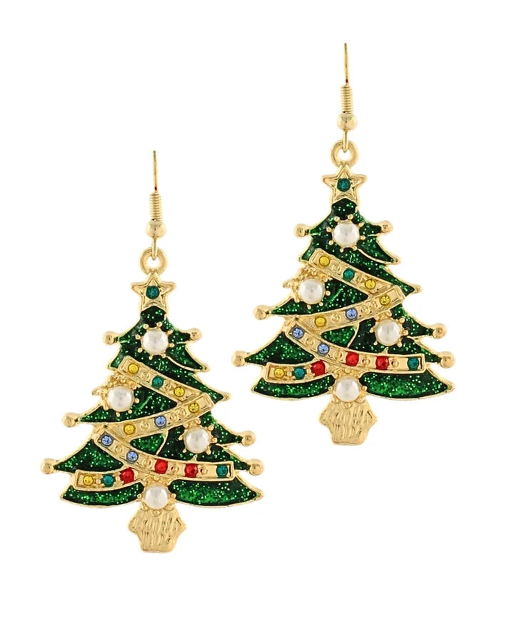 A pair of gold-tone dangle earrings shaped like Christmas trees, decorated with green glitter, gold trim, white faux pearls, and small multicolored rhinestones, shown on a plain white background.