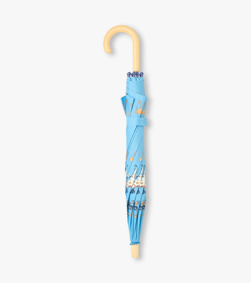 Blue umbrella with a wooden handle on a white background