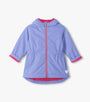 A light purple hooded jacket with bright pink trim on the zipper, hood lining, cuffs, and hem, featuring a small white heart on the lower right hem, shown against a light off-white background.