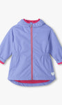 A light purple hooded jacket with bright pink trim on the zipper, hood lining, cuffs, and hem, featuring a small white heart on the lower right hem, shown against a light off-white background.