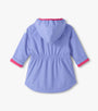 A light purple hooded raincoat shown from the back, featuring a drawstring waist and bright pink trim on the hood and cuffs, set against a plain off-white background.