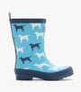 Blue rain boot with dog pattern on a white background
