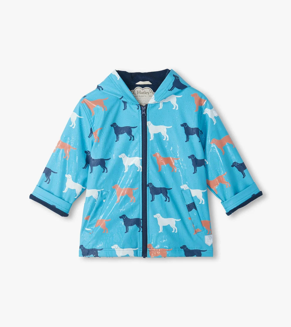 Children's blue jacket with dog pattern on a white background