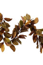 An artificial autumn leafy garland with brown, tan, and olive-green leaves on a plain white background.