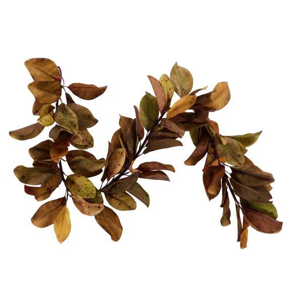 An artificial autumn leafy garland with brown, tan, and olive-green leaves on a plain white background.