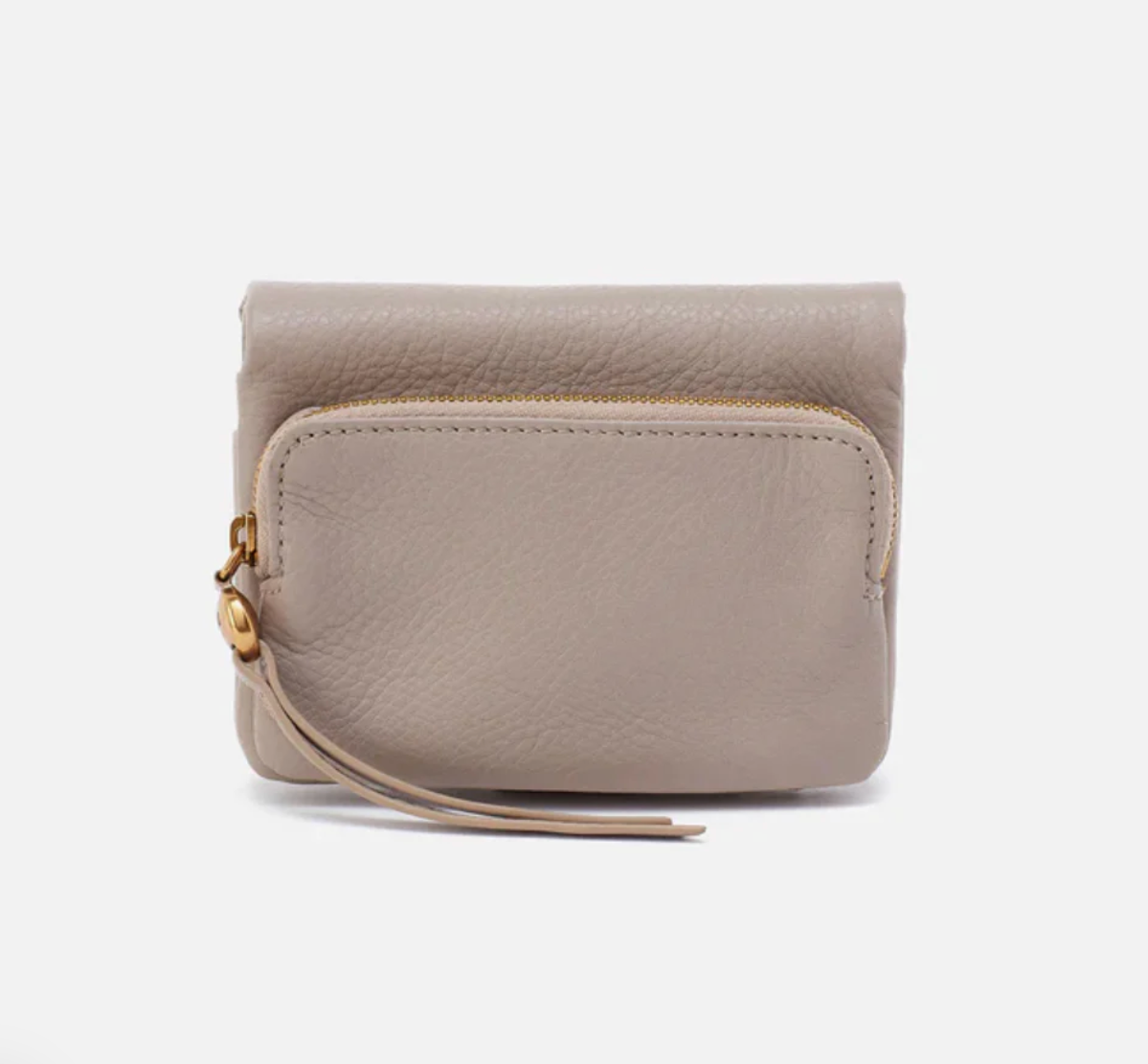 Beige leather wallet with a gold zipper on a white background