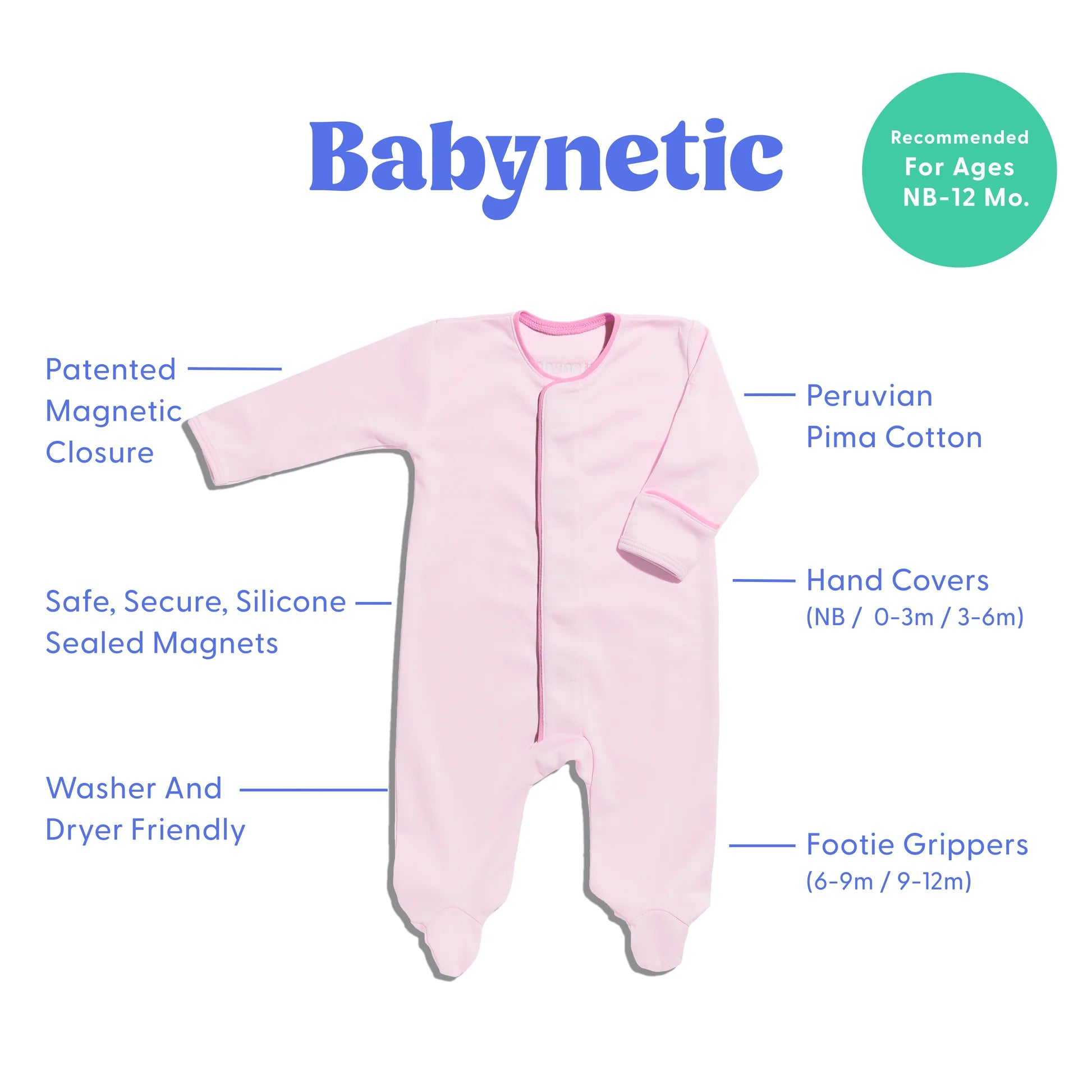A light pink baby sleeper with feature callouts and the brand name 'Babynetic' on a white background.