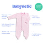 A light pink baby sleeper with feature callouts and the brand name 'Babynetic' on a white background.