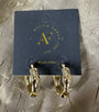 A pair of gold hoop earrings with a textured, organic pattern, displayed on a dark blue card from Design Group Atlanta. The earrings are photographed on a textured, shimmering taupe fabric background.
