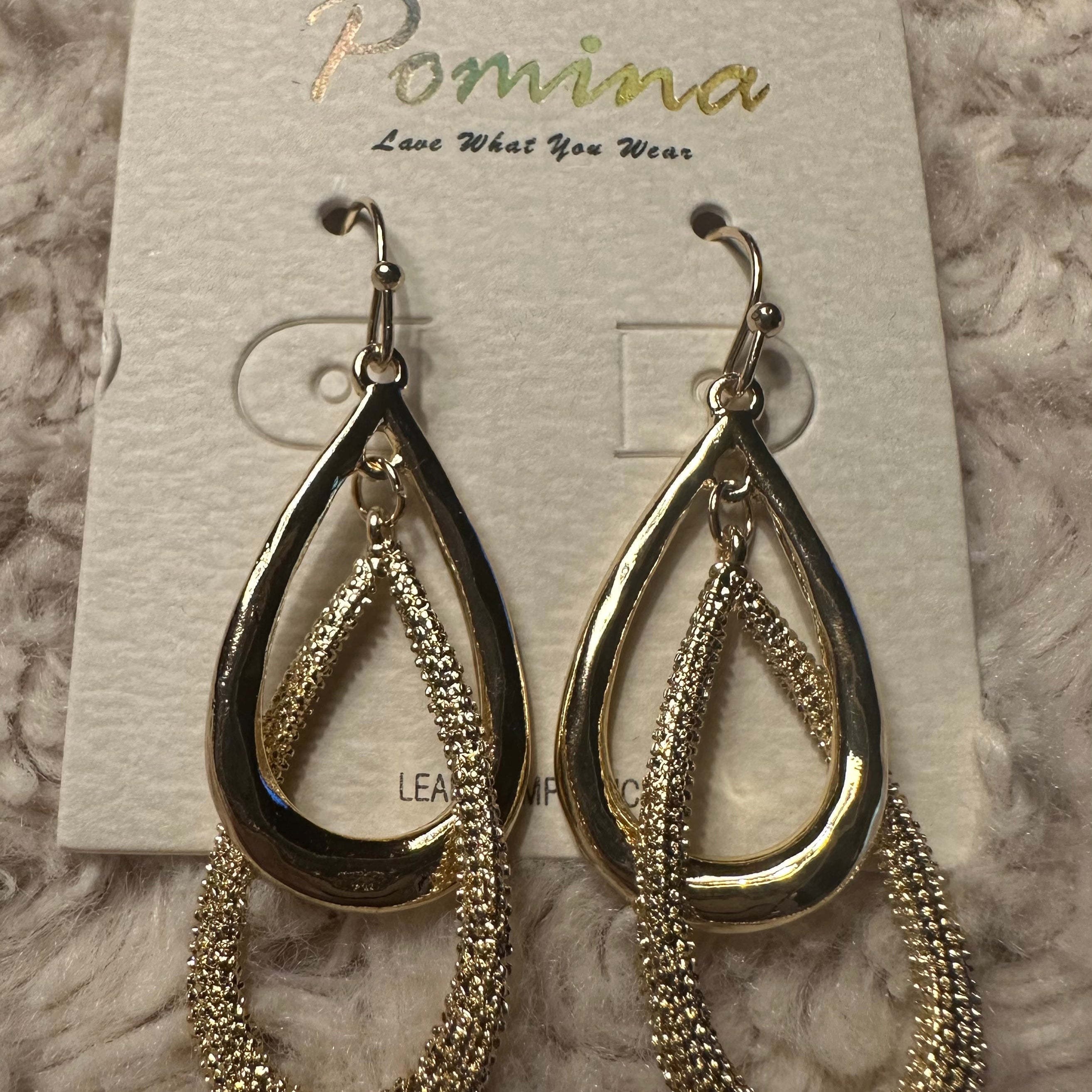 Teardrop double hoop earrings with Pomina on the card and "Love What you wear" on white fluffy background
