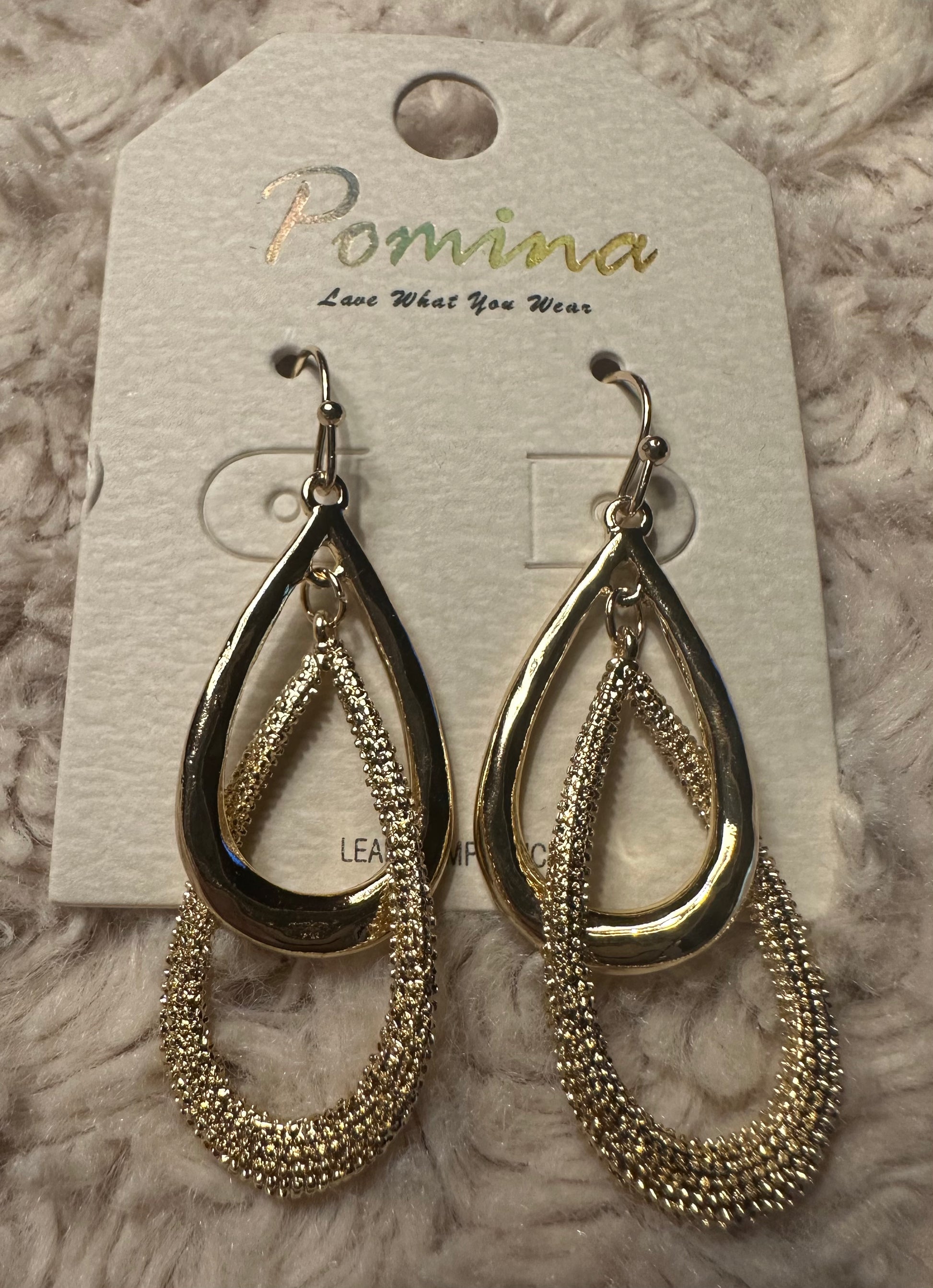 Teardrop double hoop earrings with Pomina on the card and "Love What you wear" on white fluffy background