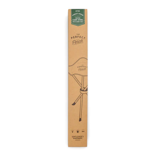Cardboard packaging of 'The Perfect Perch' camp stool with branding on a white background