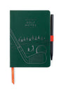 Green notebook titled 'Golf Notes' with a golf club illustration on a white background