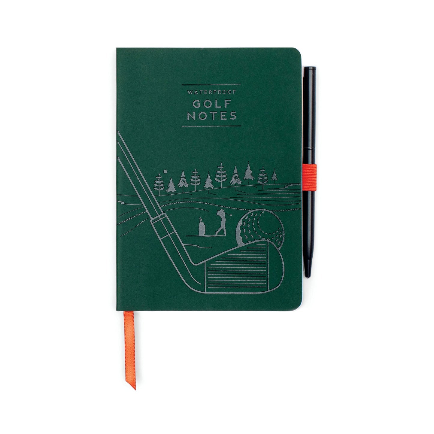 Green notebook titled 'Golf Notes' with a golf club illustration on a white background