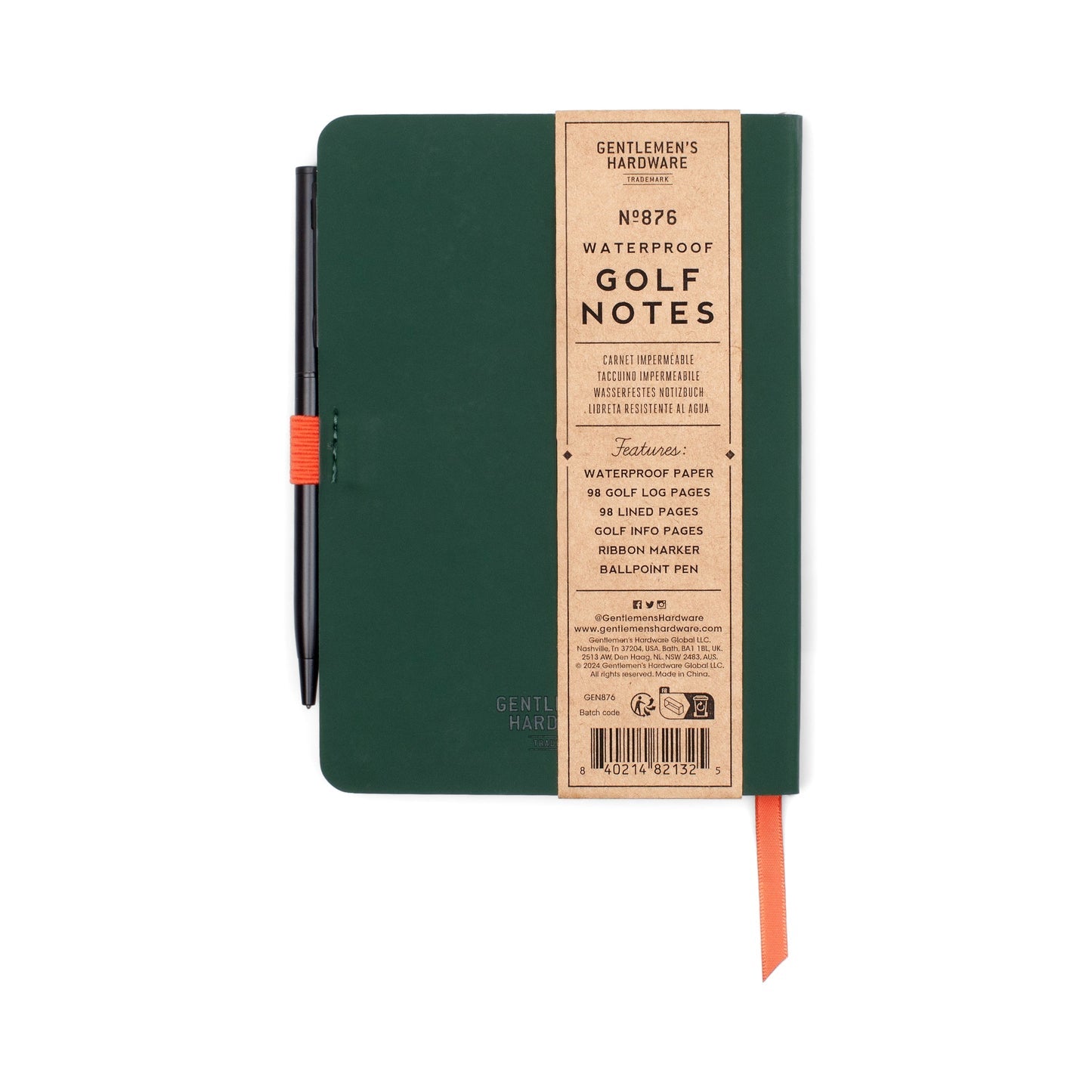 Green notebook with a pen attached on a white background