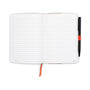 Open notebook with lined pages and a pen on a white background