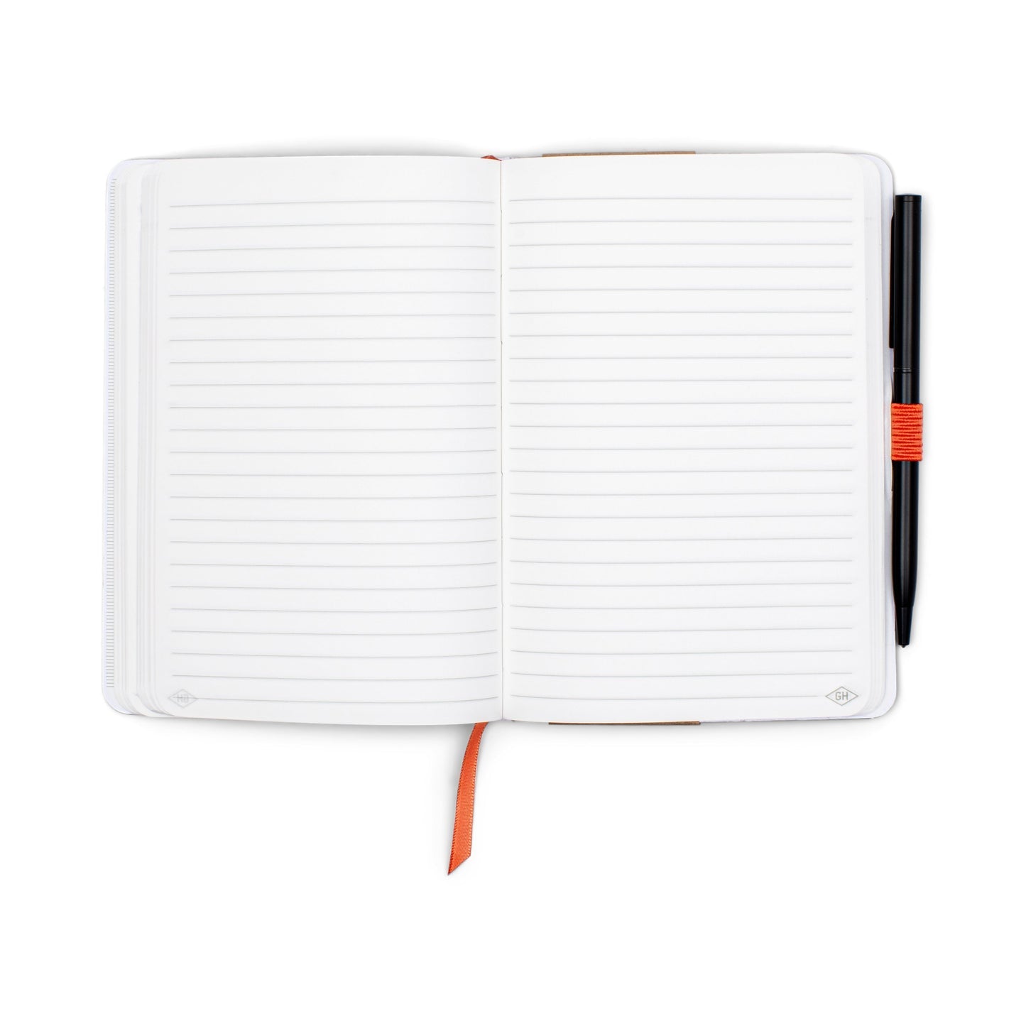 Open notebook with lined pages and a pen on a white background