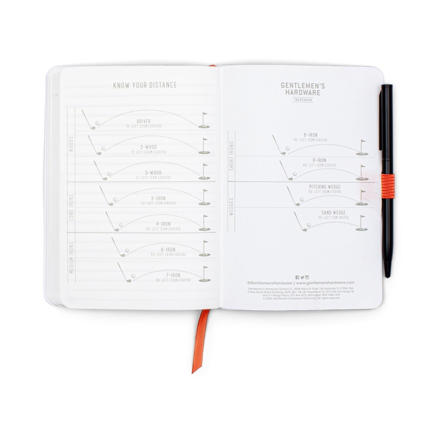 Open notebook with measurement charts and a pen on a white background