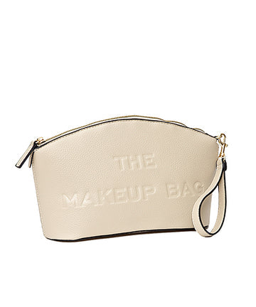 Beige makeup bag with 'The Makeup Bag' text on a white background