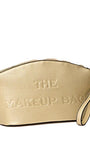 Gold makeup bag with 'The Makeup Bag' text on a white background