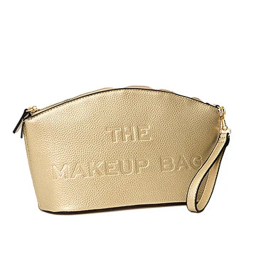 Gold makeup bag with 'The Makeup Bag' text on a white background