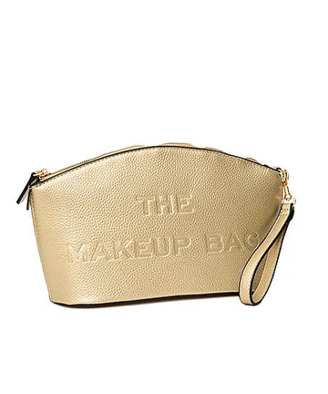 Gold makeup bag with 'The Makeup Bag' text on a white background