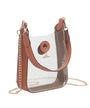 A clear vinyl bucket-style shoulder bag with brown faux-leather trim, a gold-tone chain strap, and a gold-tone T-bar clasp on a white background.