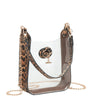 Clear handbag with leopard print strap and chain detail on a white background
