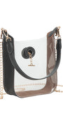 Black and clear handbag with gold chain strap on a white background