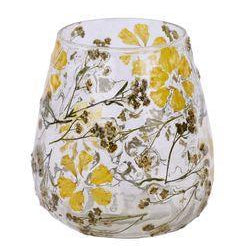 Stemless glass candle holder with floral design on a white background