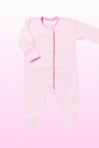 A light pink long-sleeve baby footed sleeper with an asymmetrical zipper, laid flat against a soft pink gradient background.