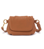Brown leather handbag with gold hardware on a white background