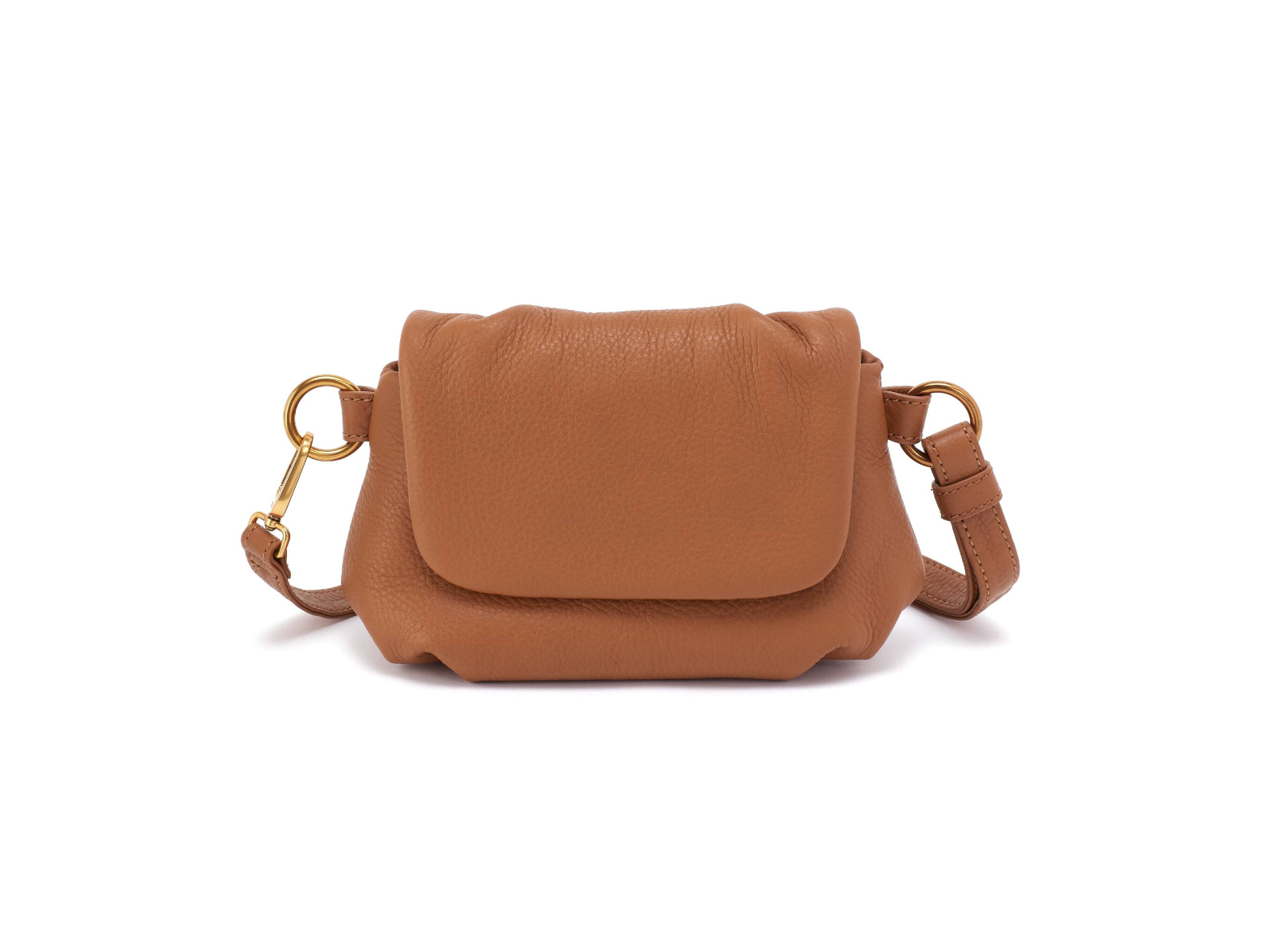 Brown leather handbag with gold hardware on a white background