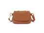 Brown leather handbag with gold hardware on a white background