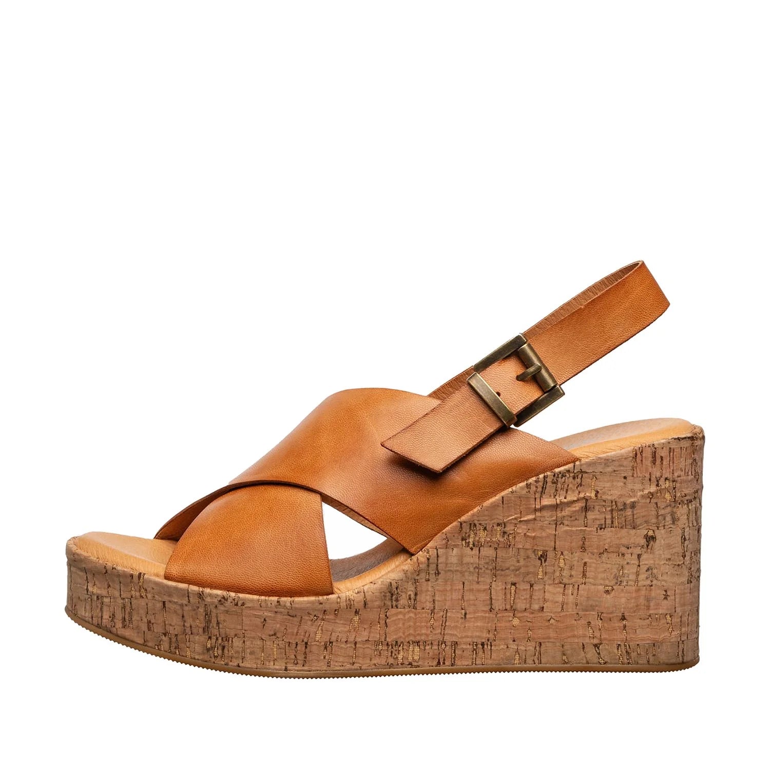 Brown wedge sandal with cork sole on a white background