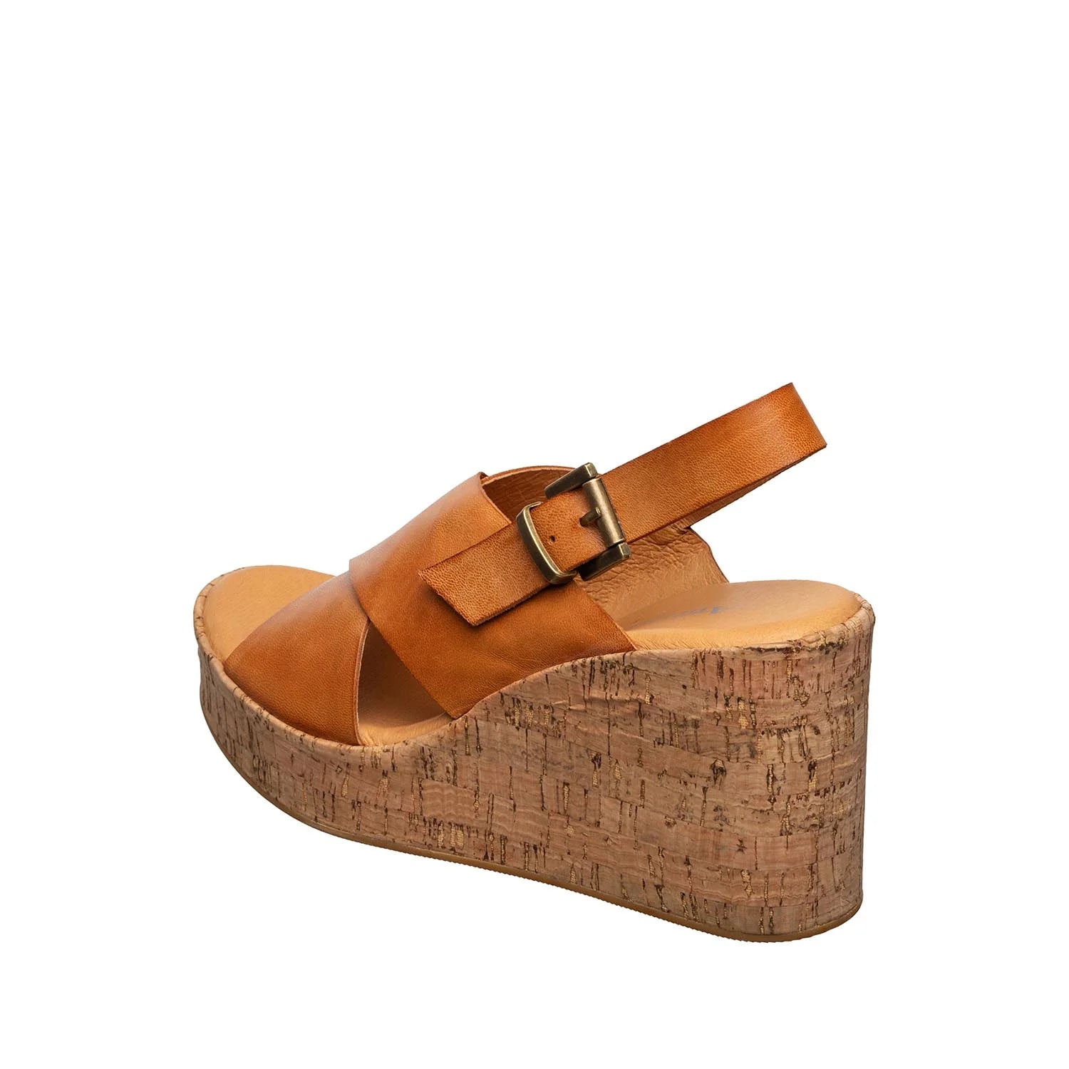 Brown wedge sandal with cork sole on a white background