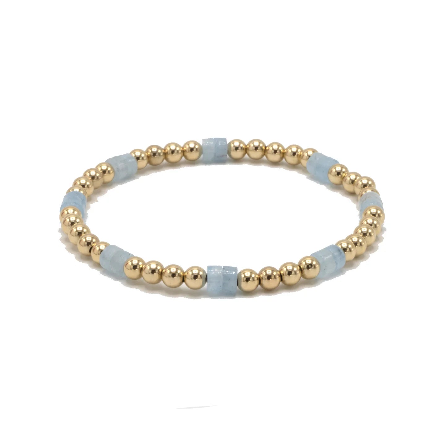 Bracelet with gold beads and light blue accents on a white background