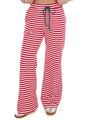 Red-and-white striped pants with drawstring waist and wide straight leg cuffs
