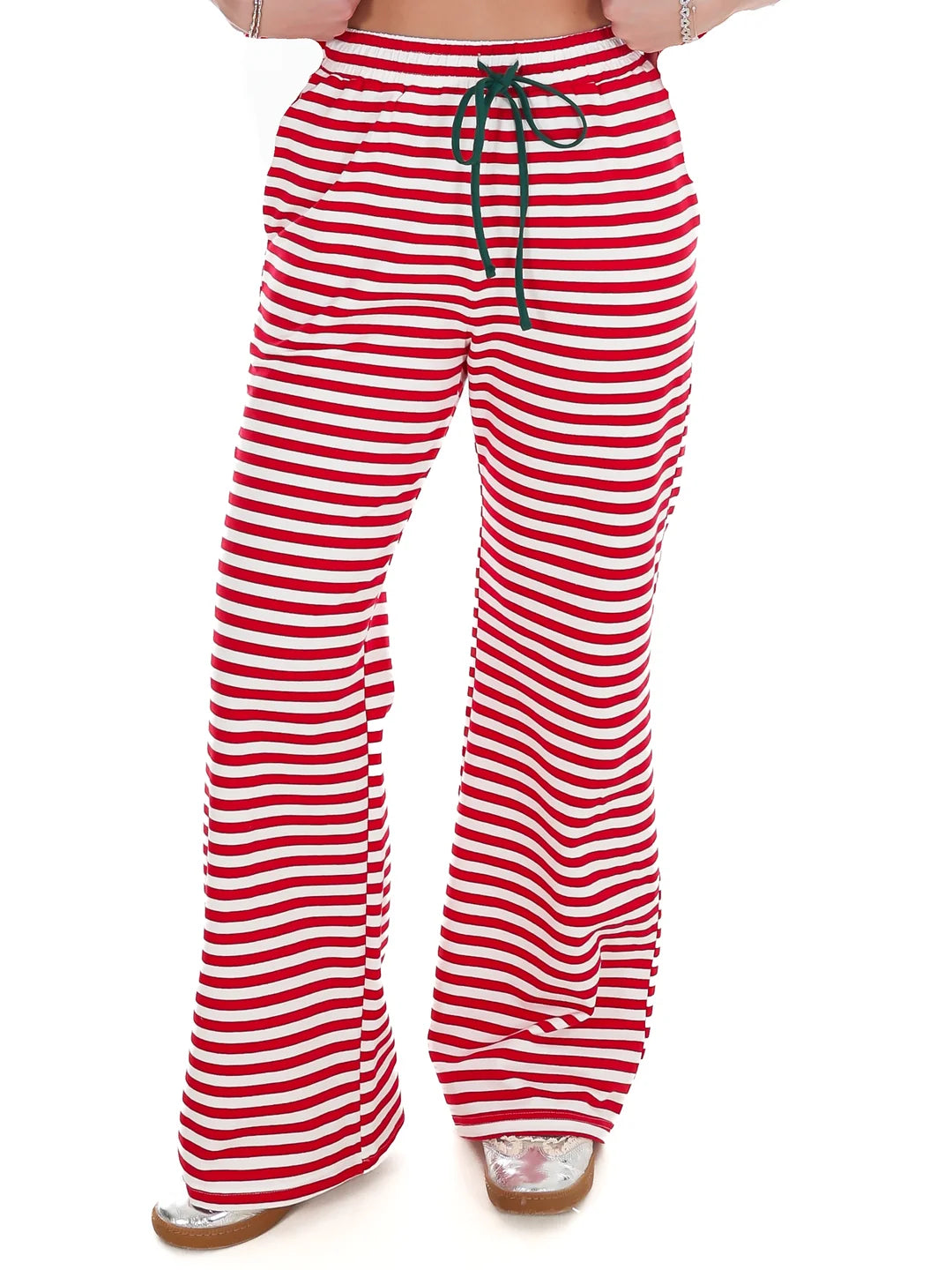 Red-and-white striped pants with drawstring waist and wide straight leg cuffs
