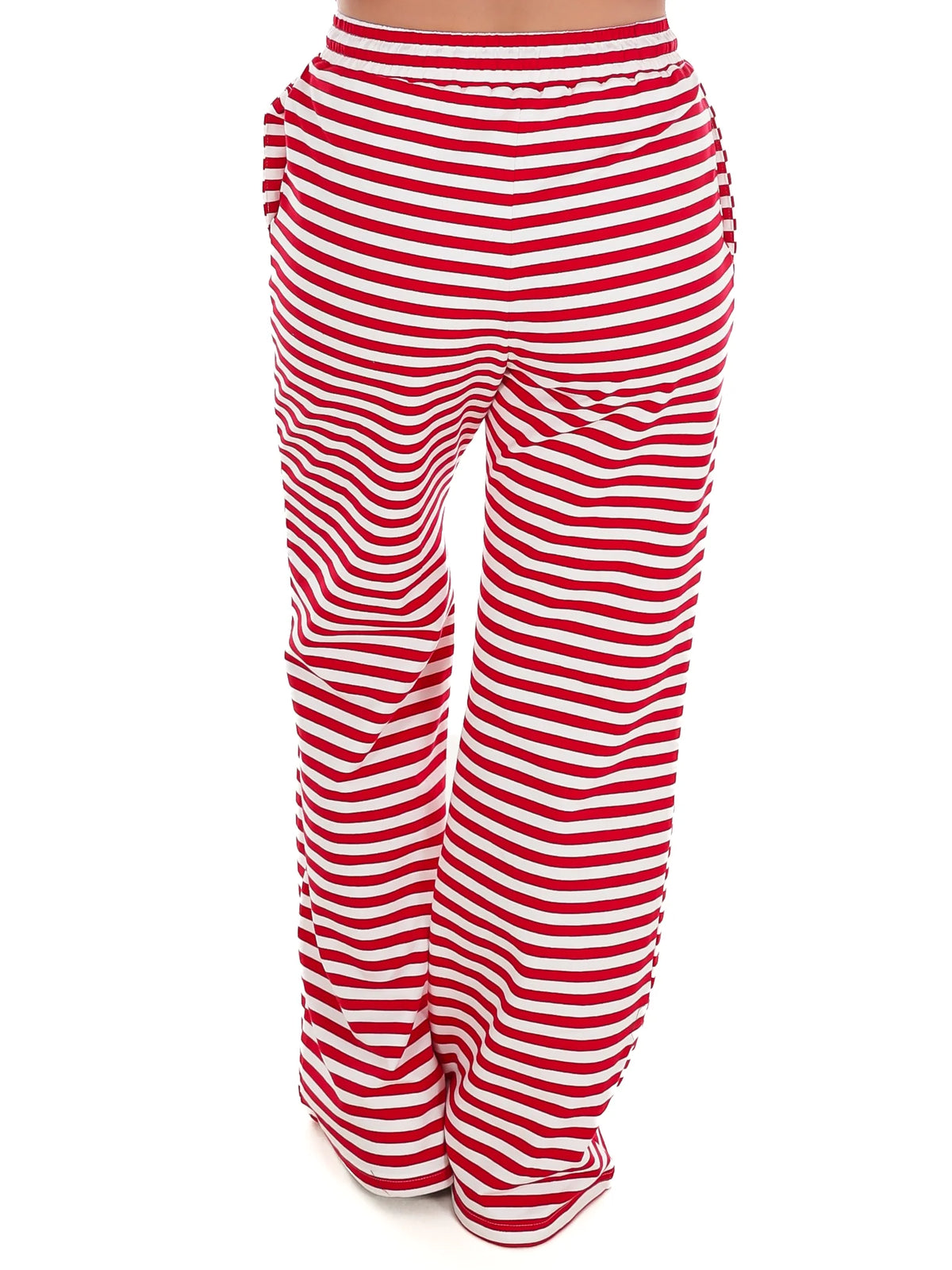 Red and white striped pajama pants with elastic waistband and relaxed straight legs