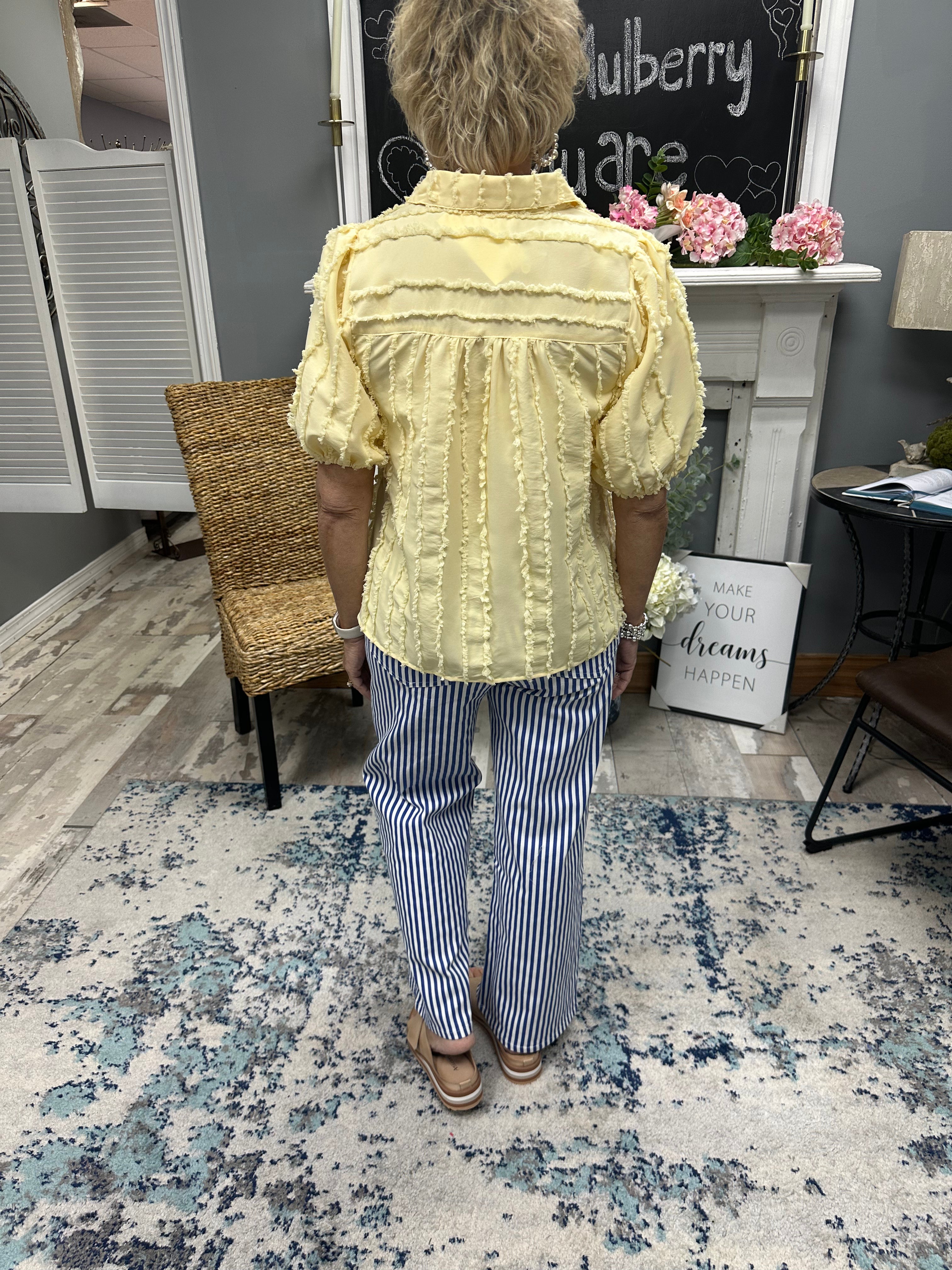 Textured Frayed Stripe Puff Sleeve Shirt