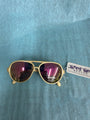 Gold aviator sunglasses with a purple lens on a blue textured background, featuring a tag from Tony Tun Optics.