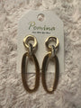 Beautiful gold Pomina post back earrings with circle top and oval bottom on white fluffy background