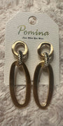 Beautiful gold Pomina post back earrings with circle top and oval bottom on white fluffy background