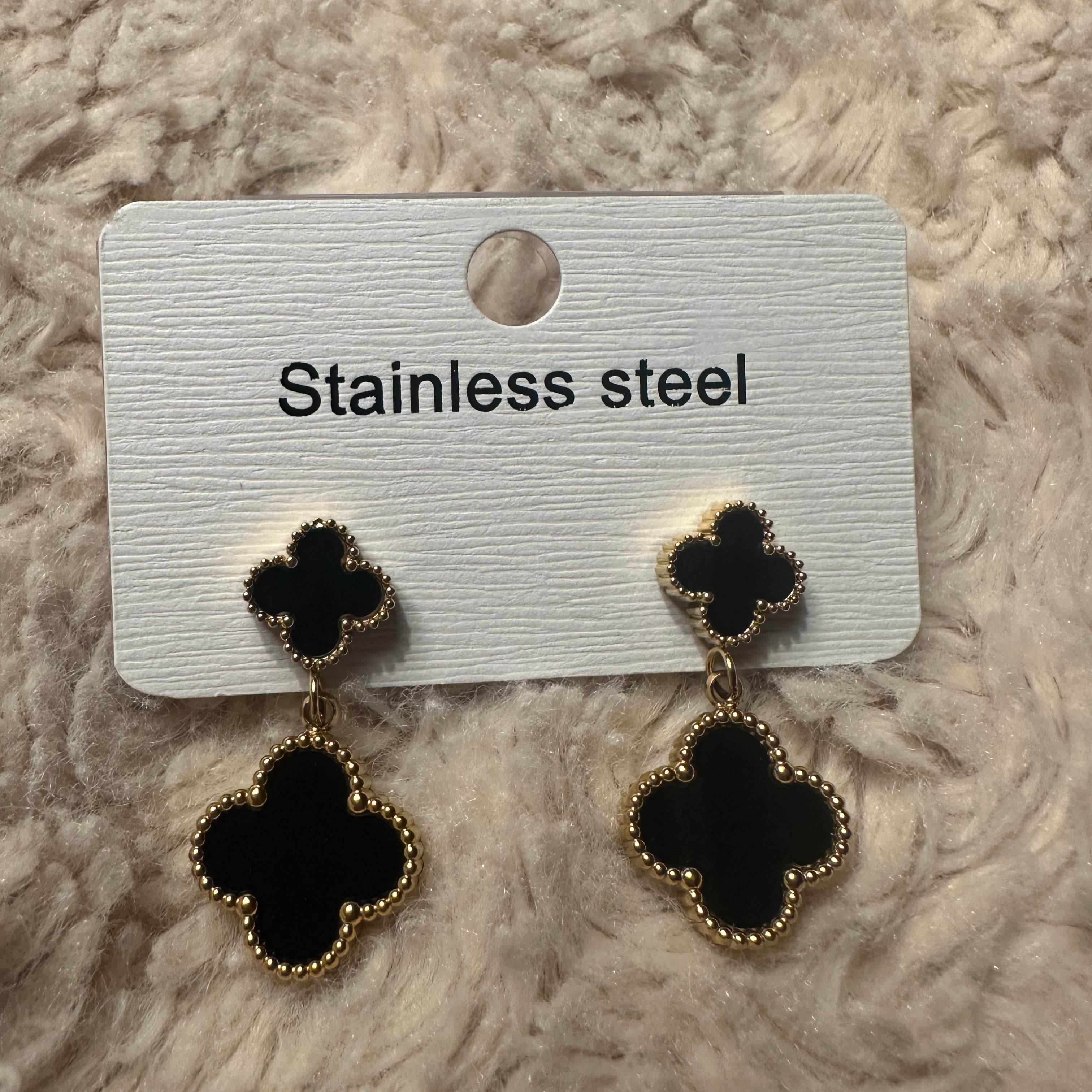 Gold & Black Double Clover Dangle Earrings