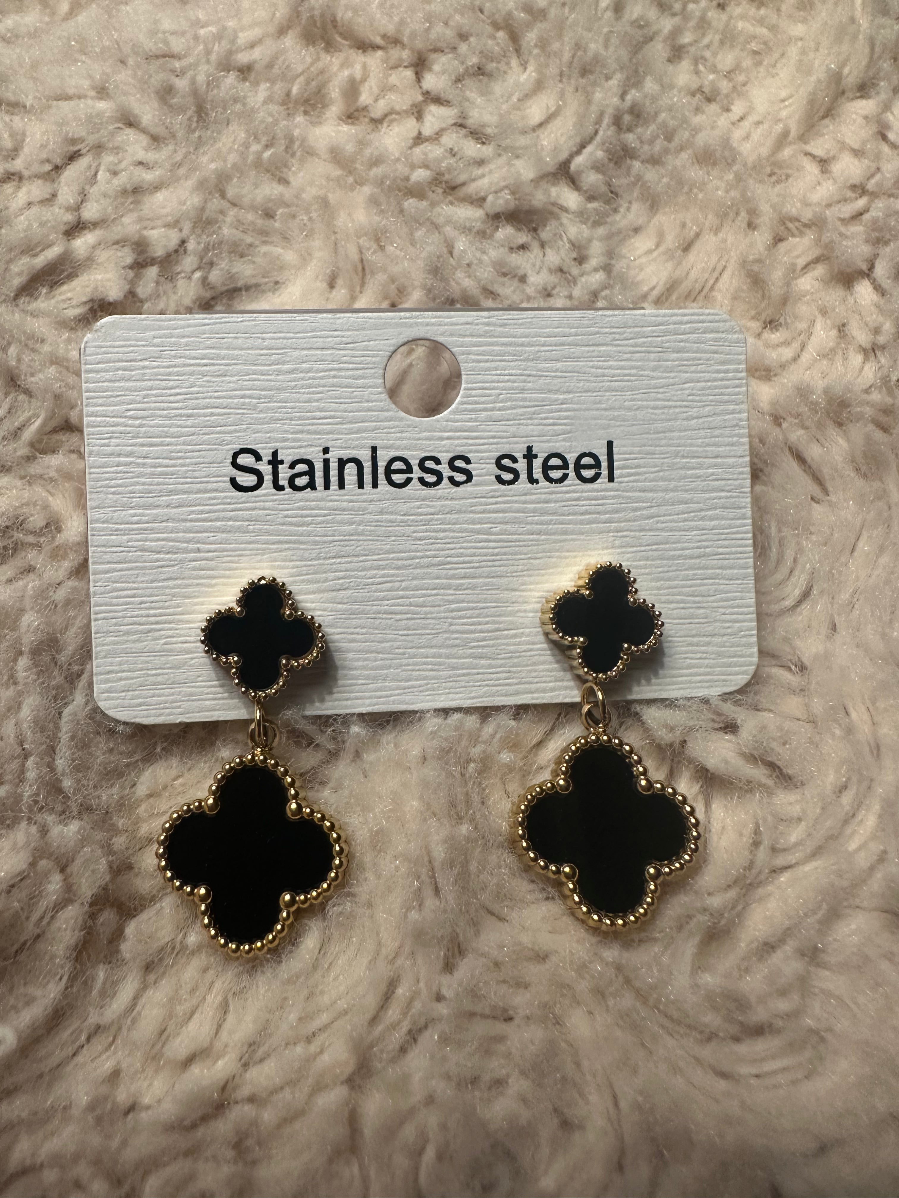 Gold & Black Double Clover Dangle Earrings