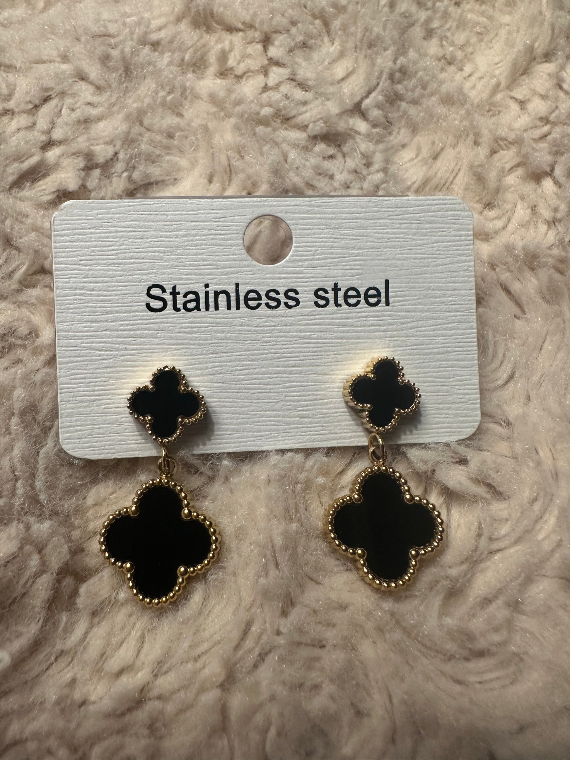 Gold & Black Double Clover Dangle Earrings