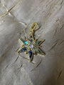 A gold star-shaped pendant with iridescent abalone shell inlays and a clear central stone, displayed on a textured beige fabric background.